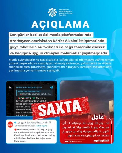 News about -   Azerbaijani MEDIA dismisses claims of strikes on Persian Gulf countries as groundless  